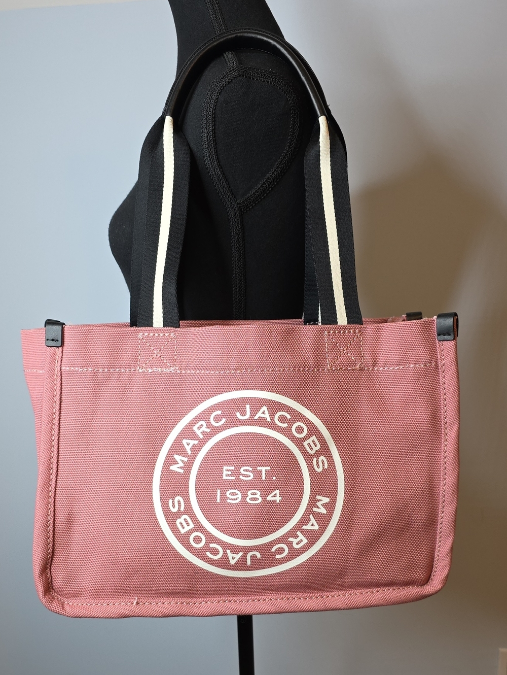 Marc Jacobs Rose Canvas Logo Tote with Striped Shoulder Straps